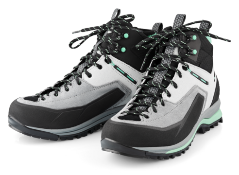 New sports hiking boots with shoelaces bow isolated on transparent background. Winter trekking shoes. Full Depth of Field