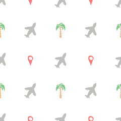Summer seamless pattern. travel background. Travel vacation set of icons, journey and trip background. Doodle summer travel icons. Vacation vector pattern with travel icons