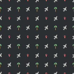 Summer seamless pattern. travel background. Travel vacation set of icons, journey and trip background. Doodle summer travel icons. Vacation vector pattern with travel icons