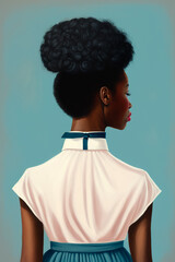 Obraz premium Stylish poster portrait from the back of an African American woman in retro style in vintage clothing on a light bedding background, art illustration poster. Generative AI.