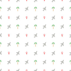 Summer seamless pattern. travel background. Travel vacation set of icons, journey and trip background. Doodle summer travel icons. Vacation vector pattern with travel icons