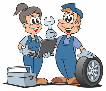 Cartoon Automechaniker und Automechanikerin, mit Laptop, Reifen und Werkzeug