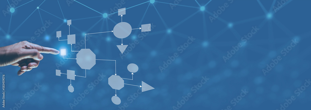 Leinwandbilder business process and workflow automation with flowchart, businessman in background