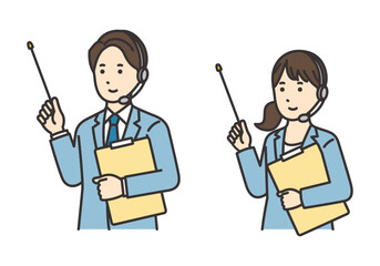 資料と指さし棒を持つオペレーターの女性と男性のイラストセット