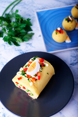Typical Peruvian dish called causa rellena, which is served as a starter.