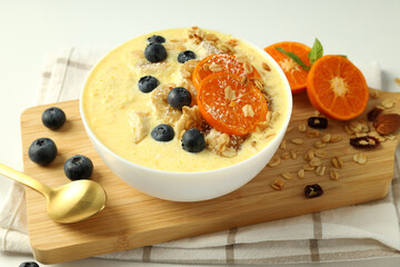 Concept of delicious food with smoothie with different ingredients, close up