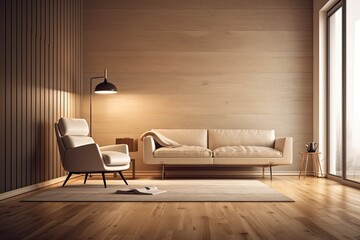 Villa living room design interior with beige furniture on a brilliant wall, wood floor, and a lamp equipped armchair. Copy space mockup wall. Relaxation idea. Generative AI