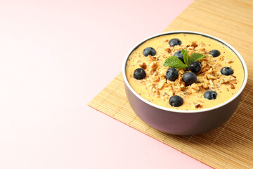 Concept of delicious food with smoothie with different ingredients, space for text