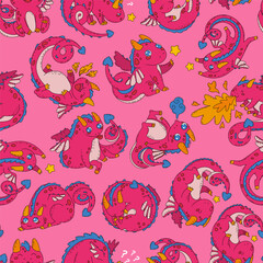 Endless, seamless pattern featuring a cute dragon. For children's textiles. Little dragon in different poses. Year of the dragon in the Chinese calendar. Cartoon style. Vector illustration.