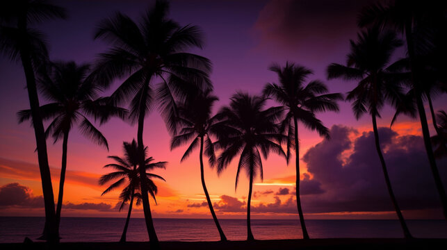 Silhouettes of palm trees during sunset. Orange purple sky. © Bas