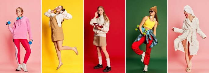 Collage made of portraits of emotional young girl in different fashion style clothes over colored backgrounds. Concept of happiness, positive emotions, education and hobbies