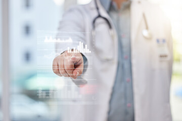 Doctor, data and technology abstract with screen and button, woman touch with hand and analytics in hospital. Electronic results, digital overlay with medical statistics and person in healthcare