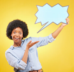 Hands, portrait and speech bubble by black woman pointing in studio to mockup for social media,...