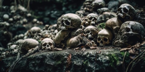 Skeletal remains strewn all over ancient decaying castle stone steps, broken and shattered sacrificed human skulls, scary macabre scene - generative AI - obrazy, fototapety, plakaty