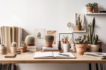 Desk, workplace for an artist or designer, and books with cacti. Generative AI