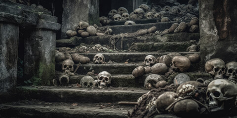 Skeletal remains strewn all over ancient decaying castle stone steps, broken and shattered sacrificed human skulls, scary macabre scene - generative AI - obrazy, fototapety, plakaty
