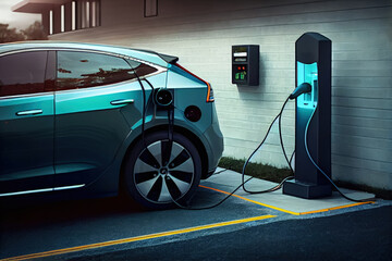 Fototapeta na wymiar Charging Electric Vehicle at Station - Generative AI