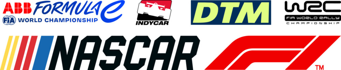 Obraz premium Logo of sport cars. Formula 1, F1, Formula E, Nascar, DTM, Indycar, WRC FIA World Rally Championship. Kyiv, Ukr - Mar 21, 2023