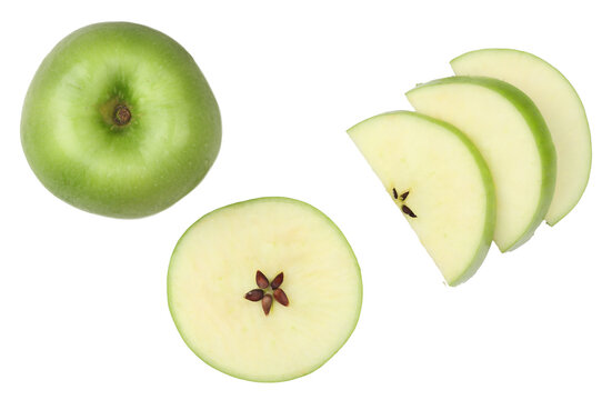 Green apple and slices isolated on the white background, top view