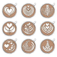 Latte art collection. Cups of coffee with foam pattern top view. Illustration on transparent background