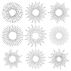 Collection of  hand drawn sunburst in retro style. Illustration on transparent background