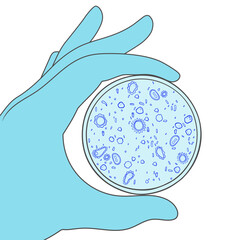 Hand holds a petri dish with abstract microorganisms. Illustration on transparent background