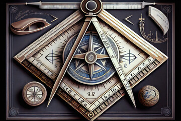 Fototapeta na wymiar Compasses and ruler - symbols of Freemasonry - Generative AI