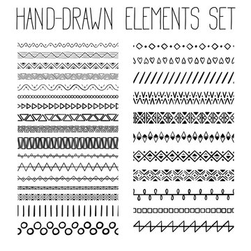 Collection of simple hand-drawn pattern with geometric ornament. Illustration on transparent background