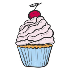 Cupcake with cherry hand drawn sketch illustration.