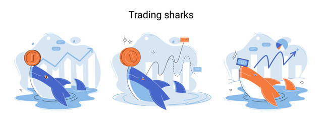 Shark emerges from water and holds gold coins on its nose. Trading hamsters and whale metaphor set. Fake data for business valuation. Inexperienced investor, bad investment, experienced traders