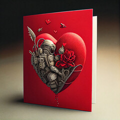 Red romantic Valentines day card on table illustration digital Generative AI cosmonaut looking at rose background cosmic futuristic retro style drawing