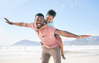 Beach, black man flying and playing with child on playful family holiday in Australia with freedom...