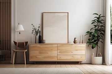 Close up of a living room with a blurred background and a mock up frame. drawer chest made of wood. design of a farmhouse interior. Generative AI