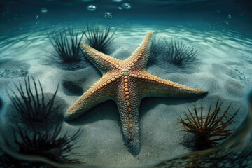 Fototapeta na wymiar Seastar laying on the seabed underwater. Generative AI