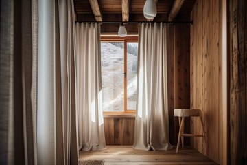 Fototapeta na wymiar White curtains are hung from a black metal rod. Detail shot of a white and brown wood cabin in the mountains. The design of the inside. Generative AI