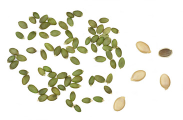 Pumpkin seeds isolated on a white background, top view.