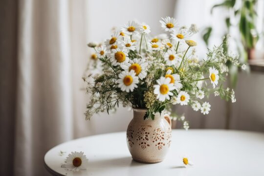 Background for Mother's Day with chamomile in a white interior and a bunch of wild flowers in a white vase on the table. Generative AI