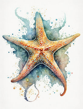 Starfish on a white background in watercolor style. Generative AI