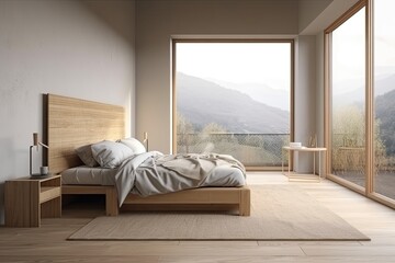 Interior of a wooden bedroom with a bed, front view, and a window with a countryside view. Carpet and a parquet floor. canvas with no copy space on a white wall,. Generative AI
