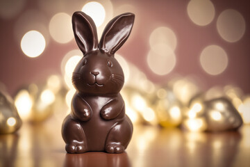 chocolate easter bunny isolated on a pink and gold festive background, easter banner, generative AI