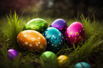 Fototapeta na wymiar colorful shiny easter eggs in grass, generative AI