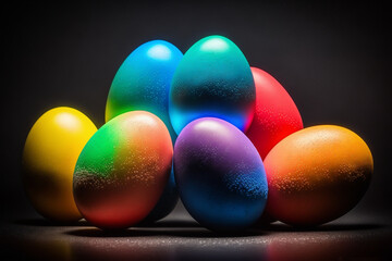 colorful easter eggs on a black background, generative AI