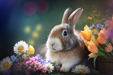 cute bunny surrounded by colorful spring flowers, generative AI