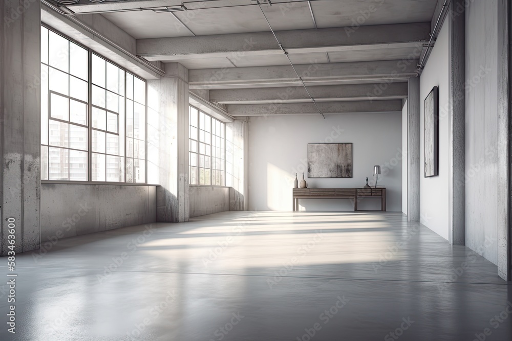 Poster white walls and a concrete floor can be found in an empty loft. generative ai