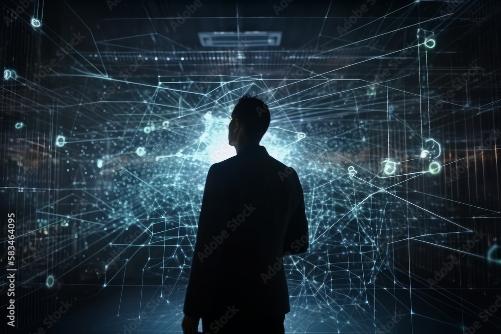 Poster back view of businessman looking at network hologram on dark background. generative ai