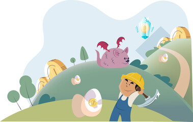 Gaming with cryptocurrency, gameplay to earn, Metaverse, digital world, virtual character . Play to earn games created on basis of blockchain project with elements of NFT. Blackchain mobile game