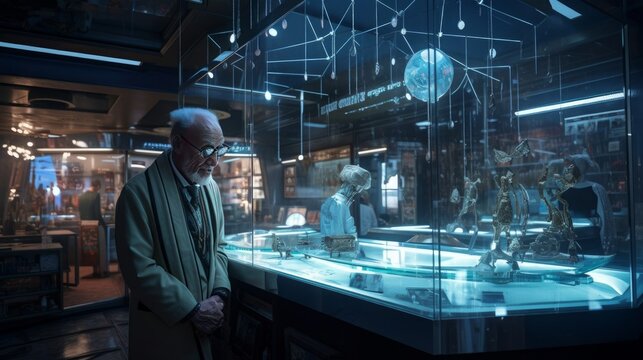 Mature man looking at the exposition of the Museum of Natural Science, Generative AI
