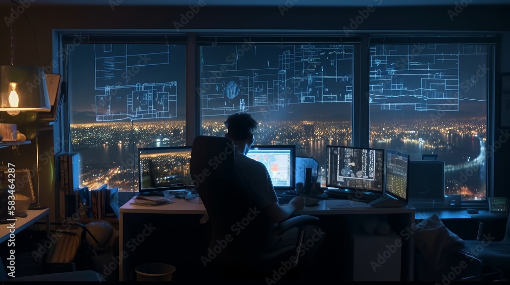 Poster rear view of a man sitting in front of a computer monitor and looking at the city at night. generati