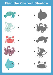 Shadow matching game for kids. Educational game for children. Find the right shadow of cute sea animals. 