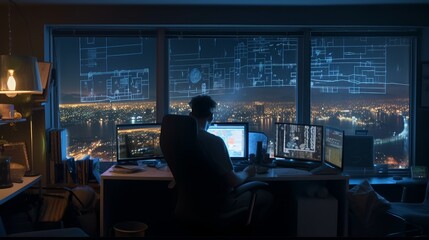 Rear view of a man sitting in front of a computer monitor and looking at the city at night. Generative AI